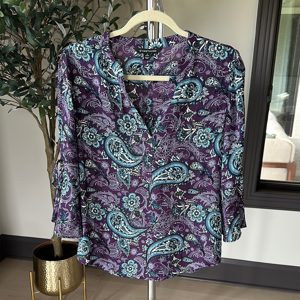 Blue 3/4 Sleeve Blouse with Paisley Design